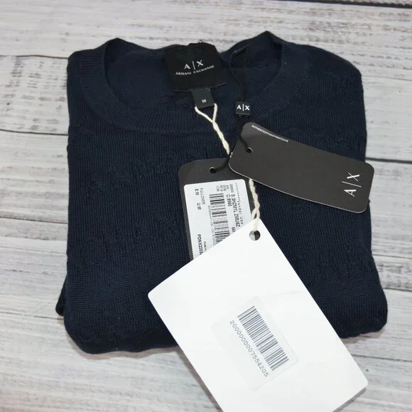 Armani Exchange Navy Oblique Logo Pullover Sweater Size Medium NWT - Picture 3 of 16